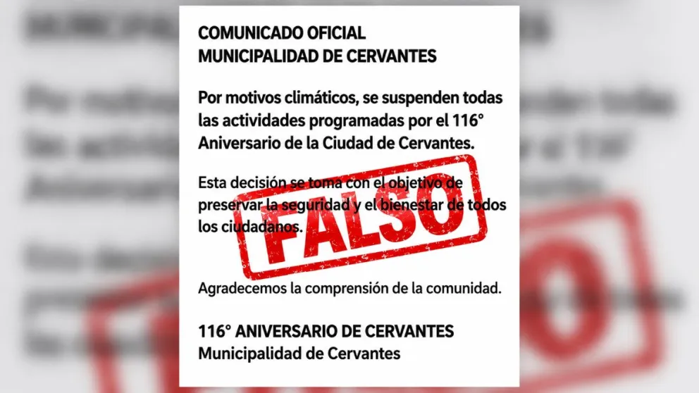 El Municipio desmintió el comunicado que anunciaba la suspensión de los festejos y confirmó que todas las actividades continúan. Foto: Municipalidad de Cervantes.