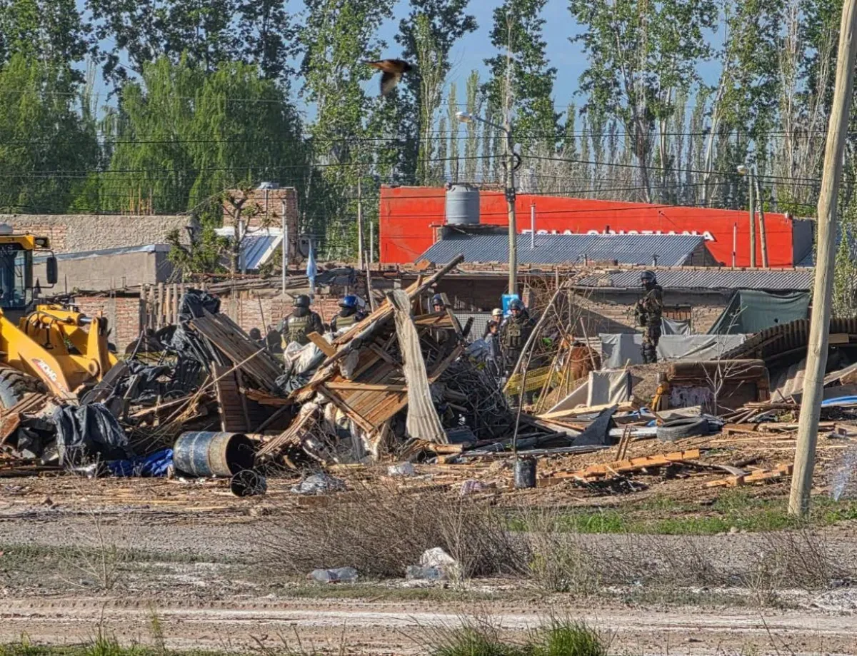 Efectivos de la Polic&iacute;a Montada participaron del desalojo mientras maquinaria retiraba las construcciones levantadas en el terreno. Foto: gentileza.