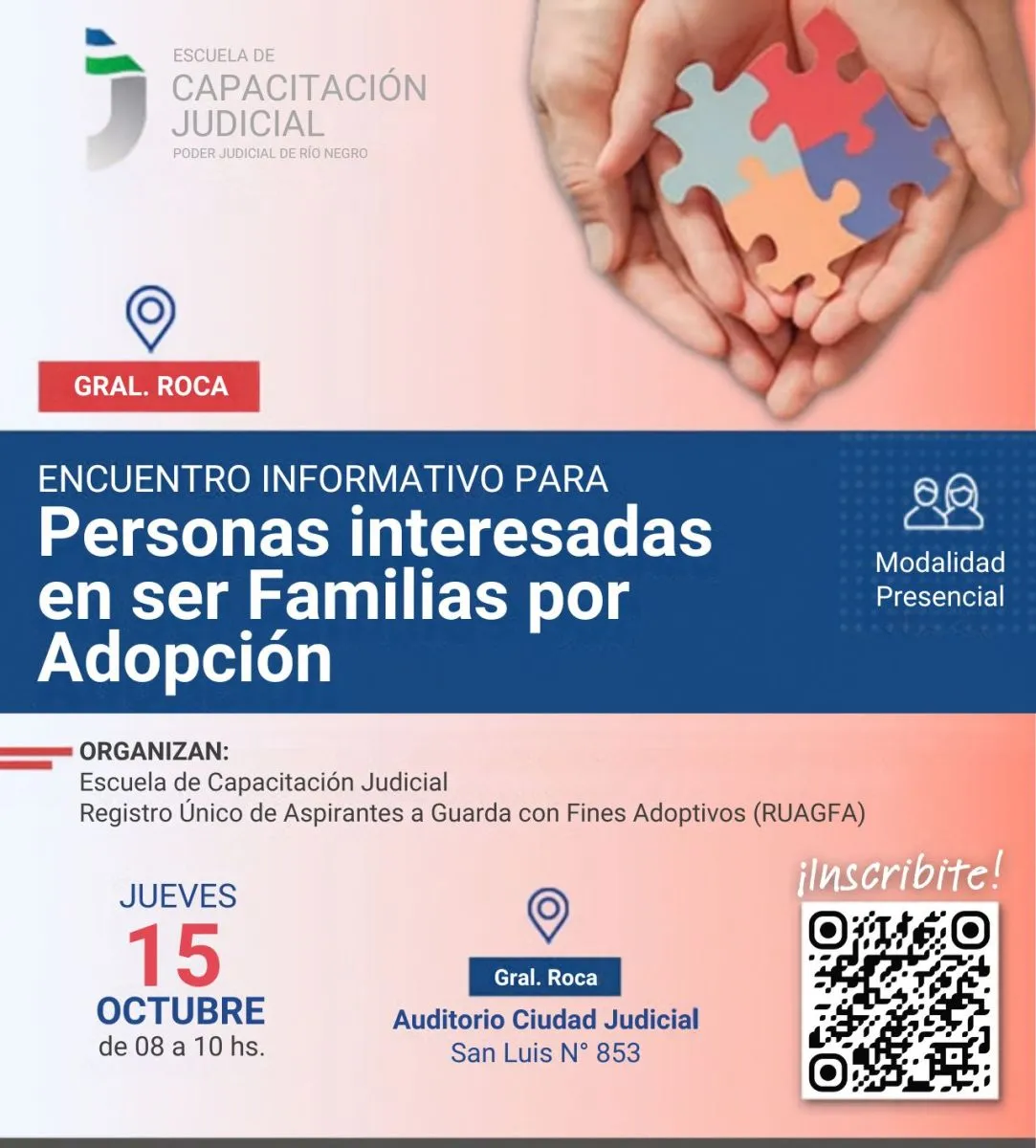 La charla sobre adopci&oacute;n ser&aacute; el jueves 15 de octubre en la Ciudad Judicial de Roca. La inscripci&oacute;n es previa. Foto: gentileza Poder Judicial de R&iacute;o Negro.