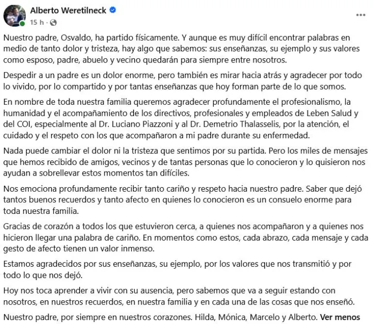El gobernador Alberto Weretilneck comparti&oacute; en Facebook la despedida a su padre, Osvaldo, firmada junto a su madre y sus hermanos. Foto: captura de Facebook.