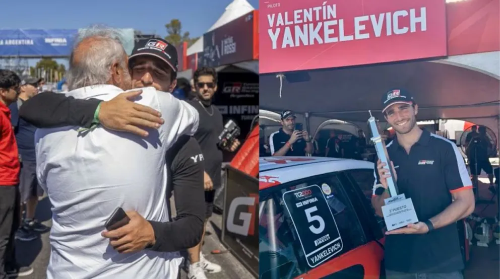 Valentín Yankelevich, hijo de Romina Yan, junto a uno de los autos con los que compitió en el automovilismo argentino. Foto: A24/PrimiciasYa.